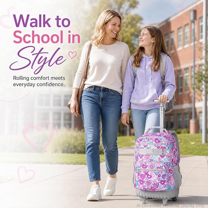 3pcs Rolling Backpack for Girls, 19 Inche Adult Bag with Roller Wheels, Wheeled Bookbag Set for Women - PinkGrey - Image 7