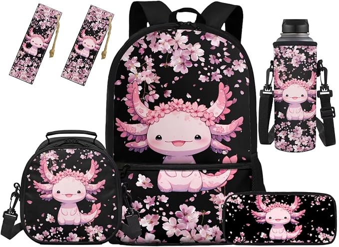 Axolotl Bakpack for Girls Elementary Backpacks with Lunchox Pencil Case 5 Pcs Bookbag Sets for Kids Back to School Supplies for Hiking by Unknown