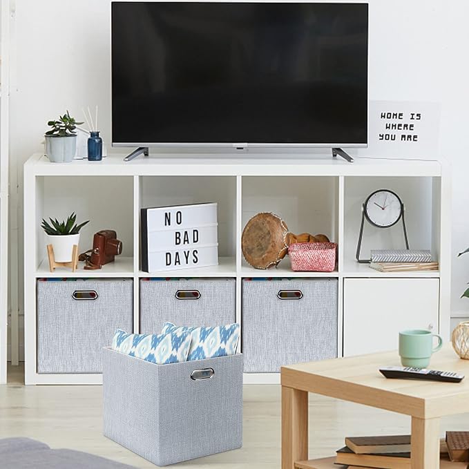 Posprica 13x15x13in Collapsible Storage Bins, Fabric Foldable Cube Storage Boxes, Decorative Storage Baskets Organizer for IKEA Kallax, Shelves, Closet, Clothes, Set of 4-Grey - Image 3