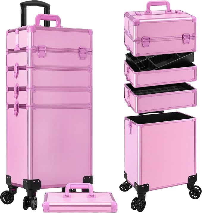 Rolling Makeup Train Case with Lid Cosmetology Case on Wheels | 5 in 1 Large Cosmetic Trolley Organizer Travel for Hairstylist Artist Nail Beauty Salon Barber Cart Trunk, Pink by Unknown