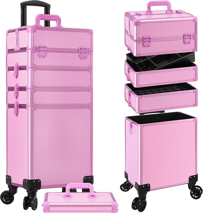 Rolling Makeup Train Case with Lid Cosmetology Case on Wheels | 5 in 1 Large Cosmetic Trolley Organizer Travel for Hairstylist Artist Nail Beauty Salon Barber Cart Trunk, Pink - Image 8