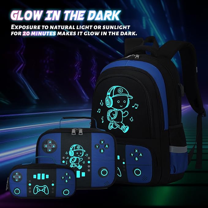 Bevalsa Backpack for School Boys, Cool Luminous Gamer Boys Schoolbag with Lunch Box & Pencil Case Set for Kids Teens Elementary Middle School, Bookbag Glow In The Dark(Blue School Backpack) - Image 2