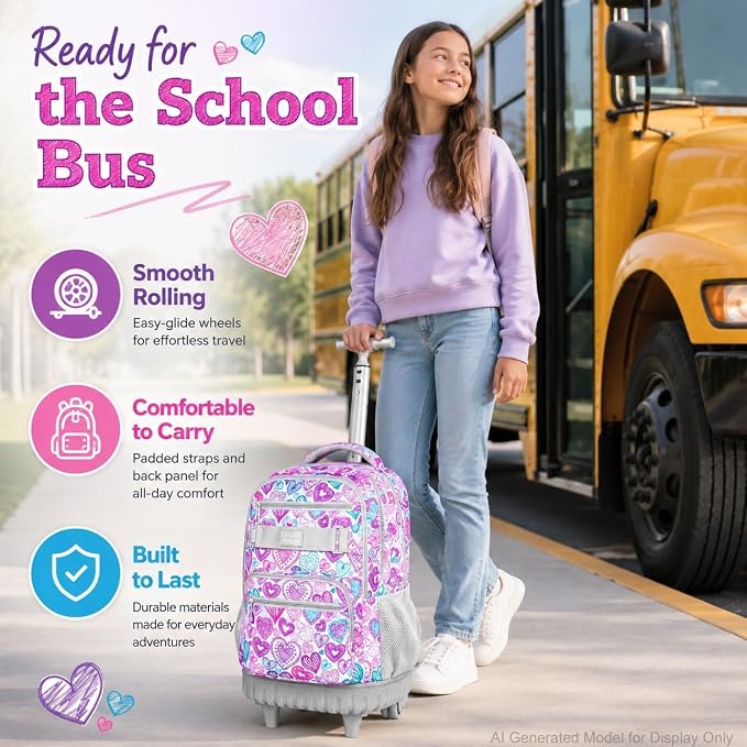 3pcs Rolling Backpack for Girls, 19 Inche Adult Bag with Roller Wheels, Wheeled Bookbag Set for Women - PinkGrey - Image 8