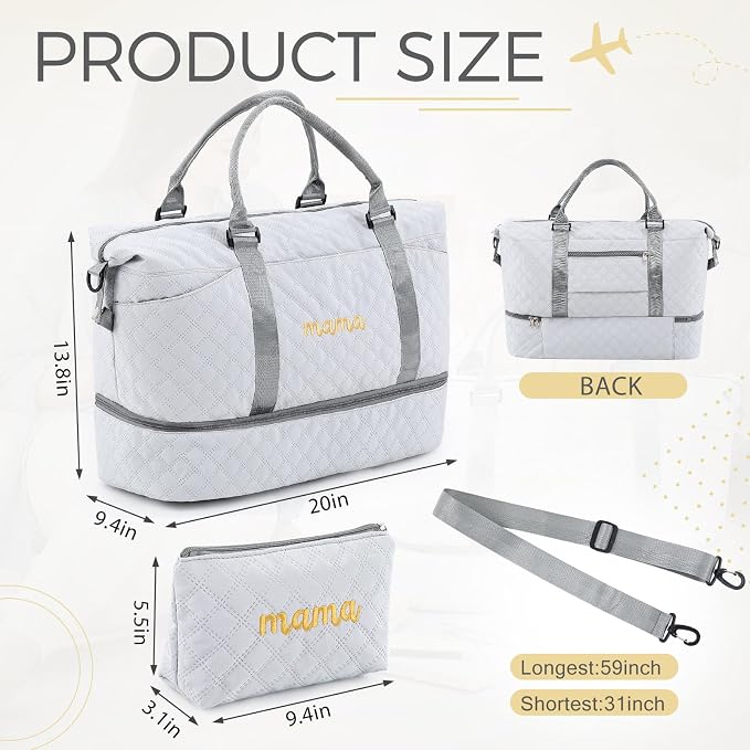 Dansydaisy Mama Hospital Bag for Women Labor Delivery Travel Duffle Bag with Shoe Compartment and Toiletry Pouch Waterproof Letter Embroidered for Pregnancy Weekender Overnight Gym Gift, Gray - Image 3