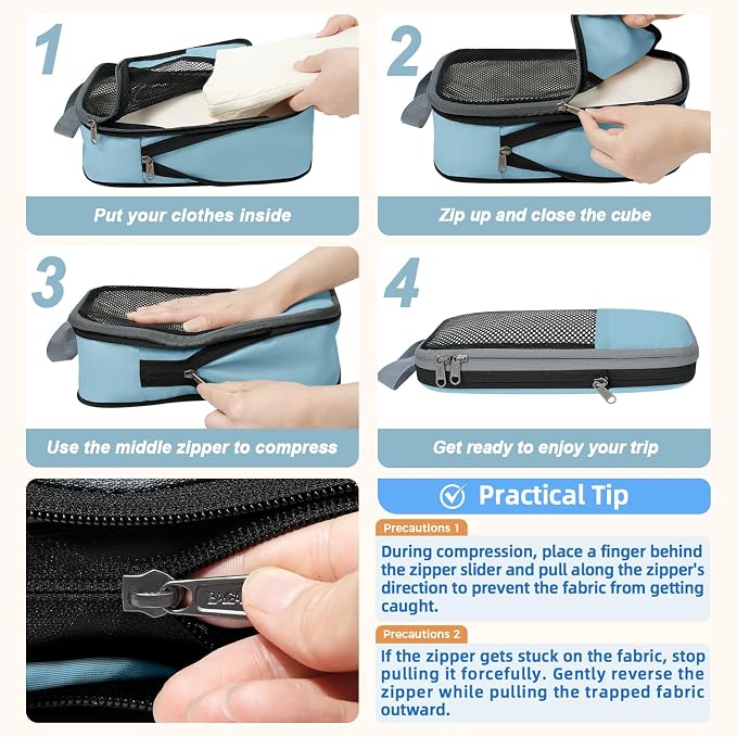 BAGAIL 4 Set/6 Set/8 Set Compression Packing Cubes Travel Accessories Expandable Packing Organizers (Half Mesh, 6-Dusty Blue) - Image 3
