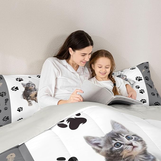 Erosebridal Kids Cat Comforter Set King,3D Cute Kawaii Cat Bedding Set Lovely Animal Kitten Paw Print Down Comforter Boys Cat Lovers' Bedroom,Fish Bone Decor Quilt Duvet Set 2 Pillow Cases, Multi 75 - Image 4