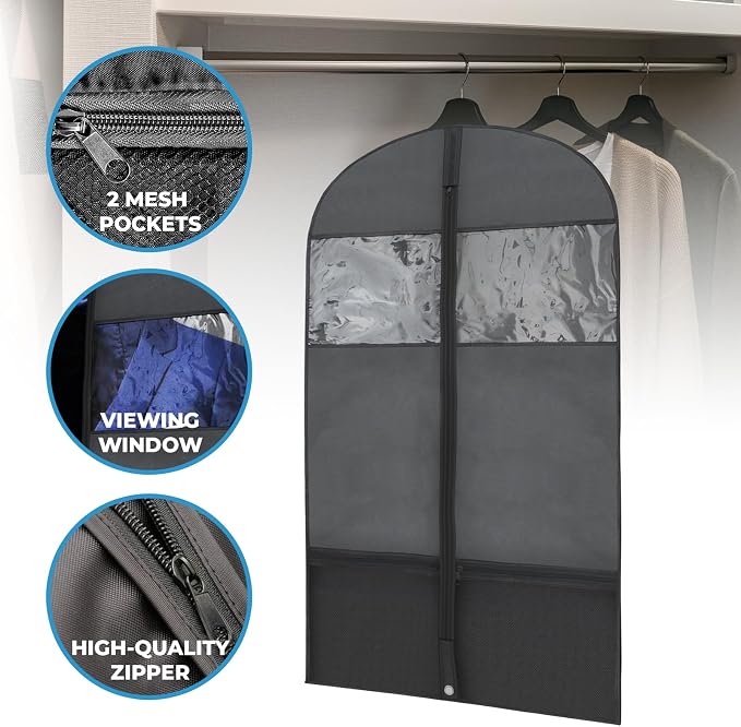 Plixio Garment Bags Suit Bag for Travel and Clothing Storage of Dresses, Dress Shirts, Coats— Includes Zipper and Transparent Window (Black - 2 Pack (No Gusset)) - Image 2