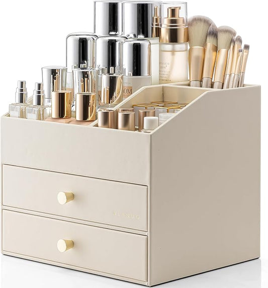 VLANDO Makeup Organizer for Vanity,Large Capacity Bathroom Counter Organizer with Drawers,PU Leather Skin Care Storage for Lipstick,Brushes,Perfumes (Beige) by VLANDO