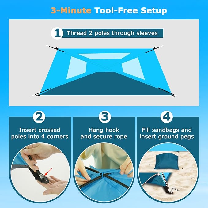 COMMOUDS Beach Tent Sun Shelter for 3/4/6/8 Person, UPF 50+ UV Protection Beach Shade Canopy Tent, Lightweight, Easy Set Up and Carry - Image 6