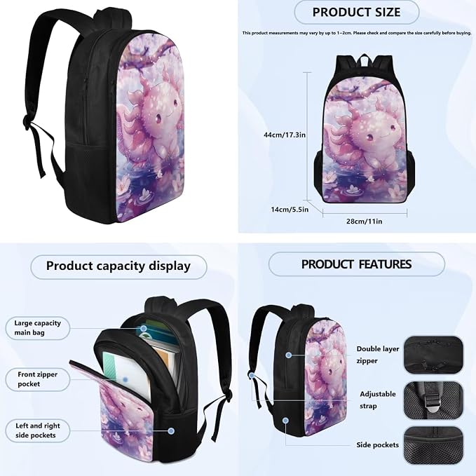 Cherry Blossom Axolotl Backpack for Girls Kids Backpack with Lunch Box Water Bottle Pouch and Kawaii Pencil Case 4PCS Set Cute Bookbag with Compartments 17" School Bag for Elementary Girls - Image 4