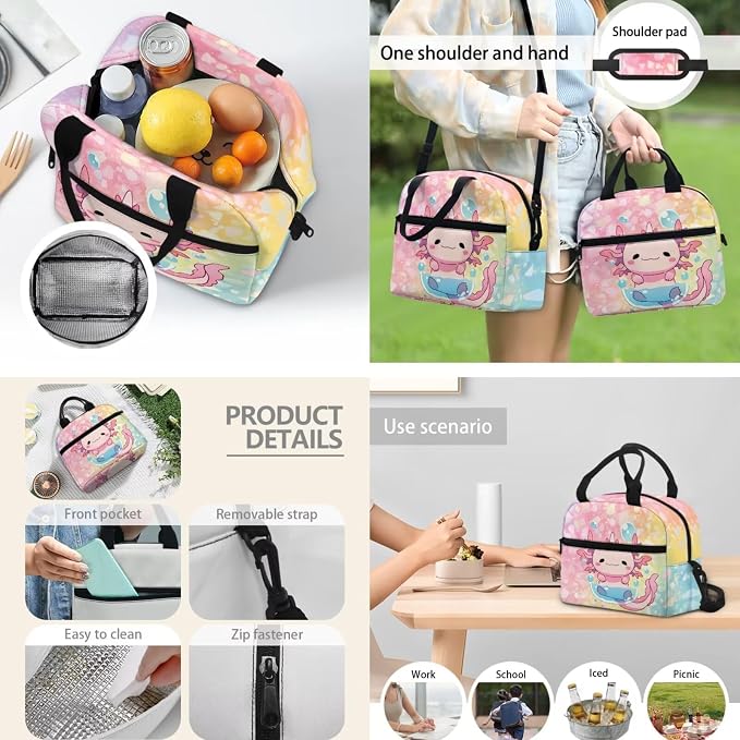 Rainbow Axolotl Backpacks for Kids, Girls Backpack School Bookbags with Insulated Lunch Box Pencil Case 3 in 1, Lightweight Sports Backpack - Image 3