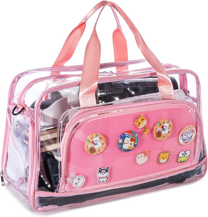 Clear Duffle Bag for Women with Anime Pins Display & Shoe Compartment, Waterproof and Convertible Crossbody for Anime Conventions, Stadium Events, Yoga, Travel & Gym (pink) by Unknown