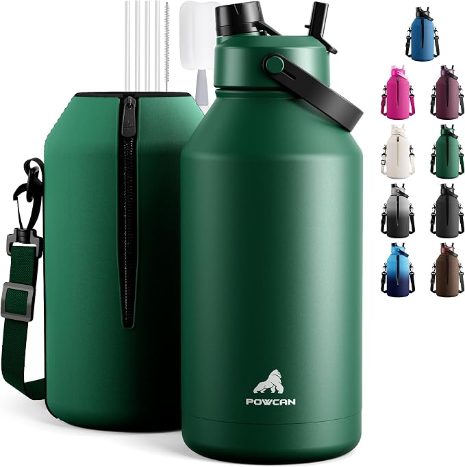 POWCAN 64 oz Insulated Water Bottle with Carrier Bag, 2-in-1 Straw & Spout Lid, Leakproof, Keep Cold 48H, BPA-Free, Stainless Steel Water Bottle with handle for Workout, Trip and Fitness (Forest) by POWCAN