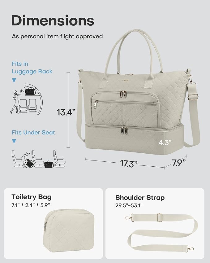 HOTOR Travel Duffle Bag for Women - Carry on Bag with Toiletry Pouch & Shoe Compartment, Large Overnight Weekender Bags for Gym, Business Trips, Sports and Hospital, Beige, 17.3" x 7.9" x 13.4" - Image 2