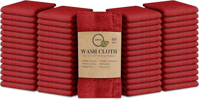 100% Cotton Washcloths 60 Pack (12x12 Inches) Soft, Highly Absorbent Washcloth, Face Towels, Wash Cloths for Face, Ring Spun, Bulk Pack (Burgundy) by Softolle