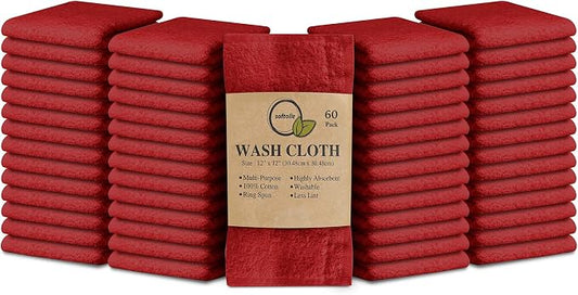 100% Cotton Washcloths 60 Pack (12x12 Inches) Soft, Highly Absorbent Washcloth, Face Towels, Wash Cloths for Face, Ring Spun, Bulk Pack (Burgundy) by Softolle