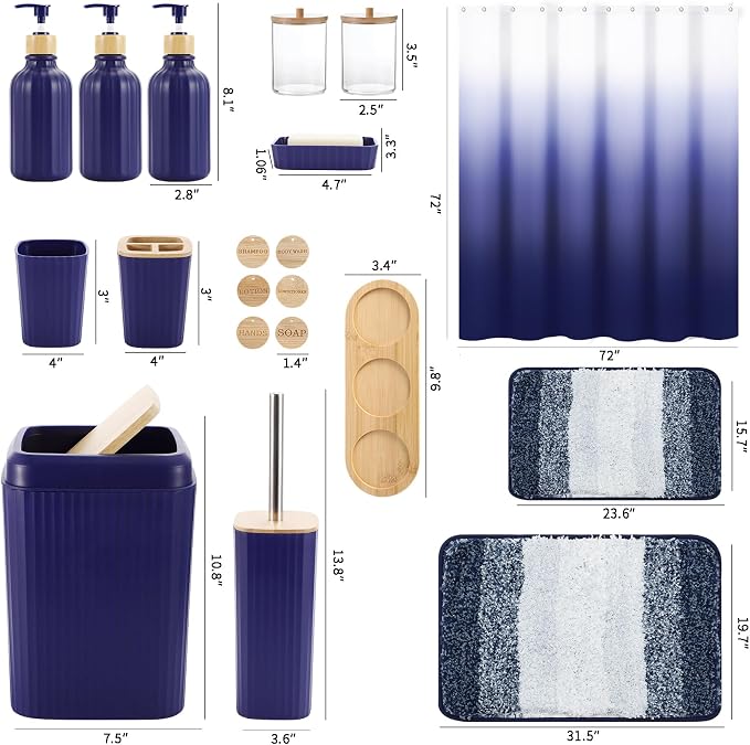 XLHOMO 32PCS Bathroom Sets with Shower Curtain and Rugs Navy Blue Shower Curtain Set 3PCS Soap Dispenser Bathroom Accessories with Bathroom Trash Can - Image 7