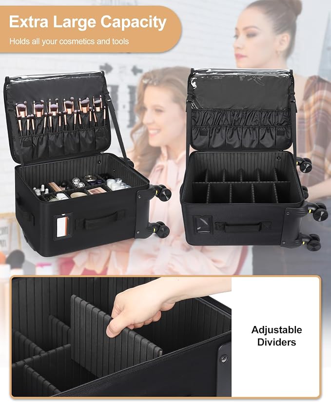Relavel Rolling Makeup Case, Extra Large Makeup Train Case Cosmetology Case on Wheels Professional Makeup Artist Bag Cosmetic Brush Organizer Box with 4 Clear Set Bags, 360° Spinner Wheels, Black - Image 2