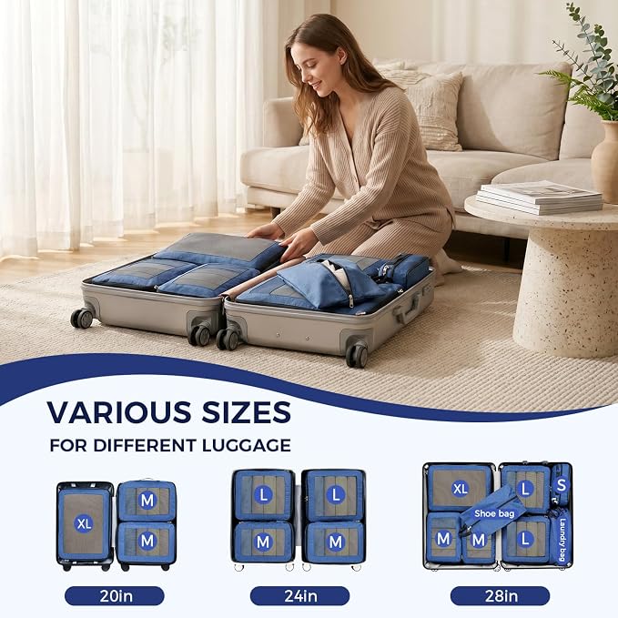 BAGAIL 8 Set Compression Packing Cubes, Durable & Wear-resistant Expandable Luggage Organizer Bags for Travel Accessories(Navy) - Image 6