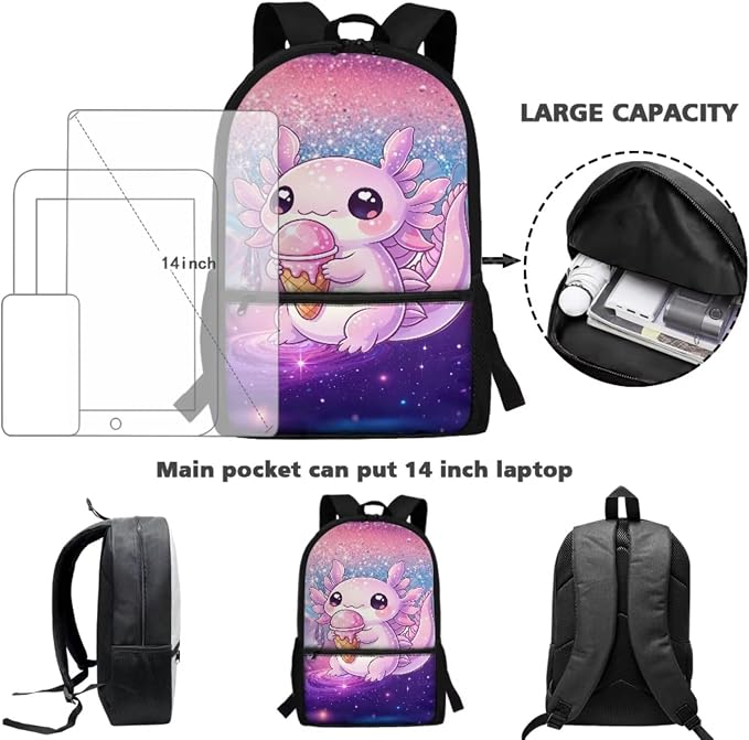 Axolotl Kids School Backpack 4-in-1 Set, Gifts for Girls Age 6-12, 17'' Cute Bookbag with Insulated Lunch Box, Pencil Case & Water Bottle Holder for Back to School Birthday Christmas - Image 4