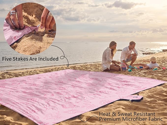 WEKAPO Beach Blanket Waterproof Sandproof Oversized, Extra Large Beach Mat Sand Free, Lightweight & Compact Sand Free Mat with 5 Stakes & 4 Corner Pockets - Image 6