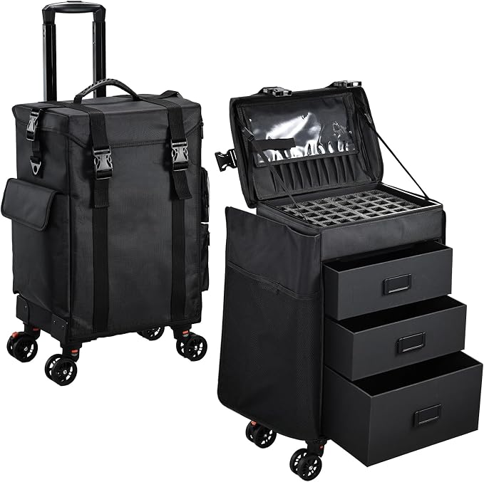 Stagiant Rolling Makeup Case 4 in 1 Soft Sided Professional Cosmetology Case on Wheels Freelance Makeup Artist Nylon Cosmetic Organize Storage Nail Technician Hair Stylist 3 Drawers Black by Stagiant