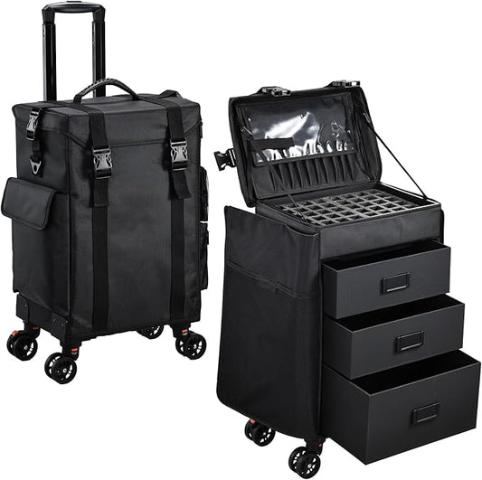 Stagiant Rolling Makeup Case 4 in 1 Soft Sided Professional Cosmetology Case on Wheels Freelance Makeup Artist Nylon Cosmetic Organize Storage Nail Technician Hair Stylist 3 Drawers Black by Stagiant