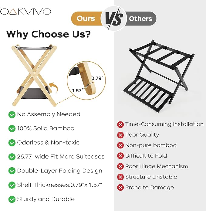 oakvivo Fully Assembled Luggage Rack, 26.77" Natural Luggage Rack for Guest Room, Bamboo Folding Suitcase Stand with Fabric Storage Shelf, Heavy Duty 5 Nylon Straps Luggage Holder for Hotel, 1 Pack - Image 3