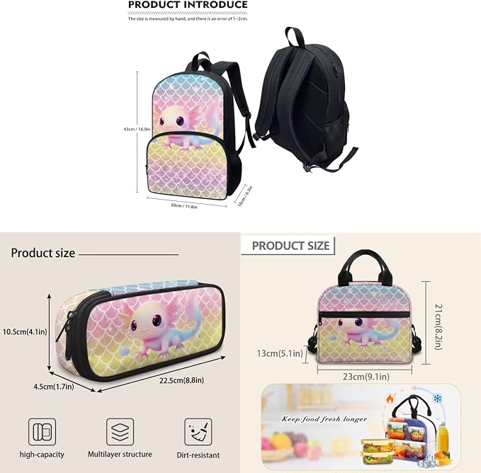 Pink Yellow Axolotl Backpack for Girls Kids High School Middle School Bag with Lunchbox Pencilcase Travel Rucksack Daypack Large Backpack with Front Pocket - Image 5