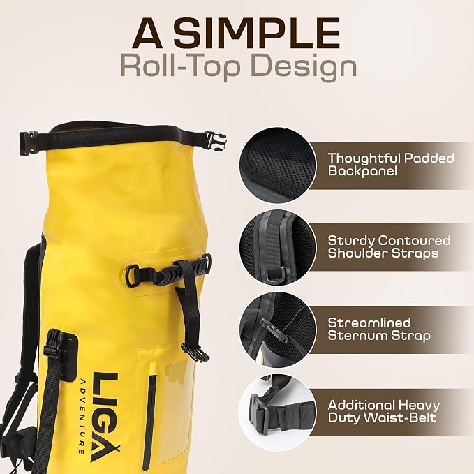 LIGA Waterproof Duffel Bag – 30L – Heavy Duty Roll-Top Closure – Fully Waterproof – Cushioned Comfort – Dry Bag for Hiking, Kayak, Travel, Biking, Camping, Fishing (Yellow) - Image 5