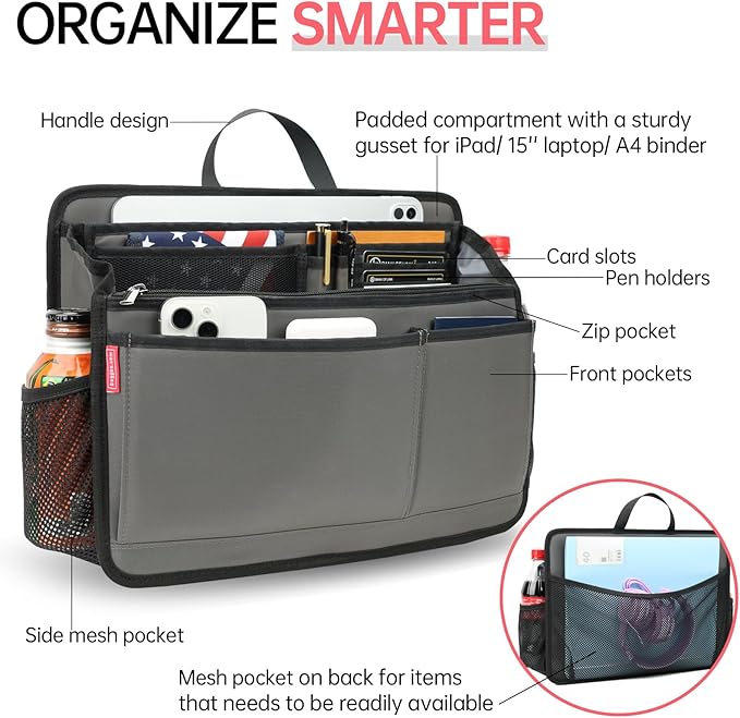 Large Rugged Organizer Insert for Briefcase Tote Shoulder Messenger Bag-20 Pockets,Padded Water-repellent Nylon-Gray - Image 2