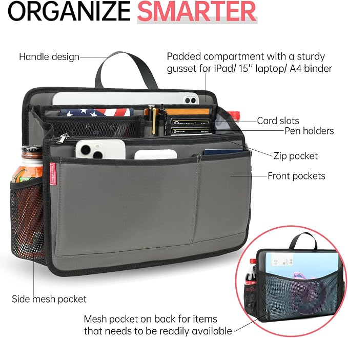 Large Rugged Organizer Insert for Briefcase Tote Shoulder Messenger Bag-20 Pockets,Padded Water-repellent Nylon-Gray - Image 2