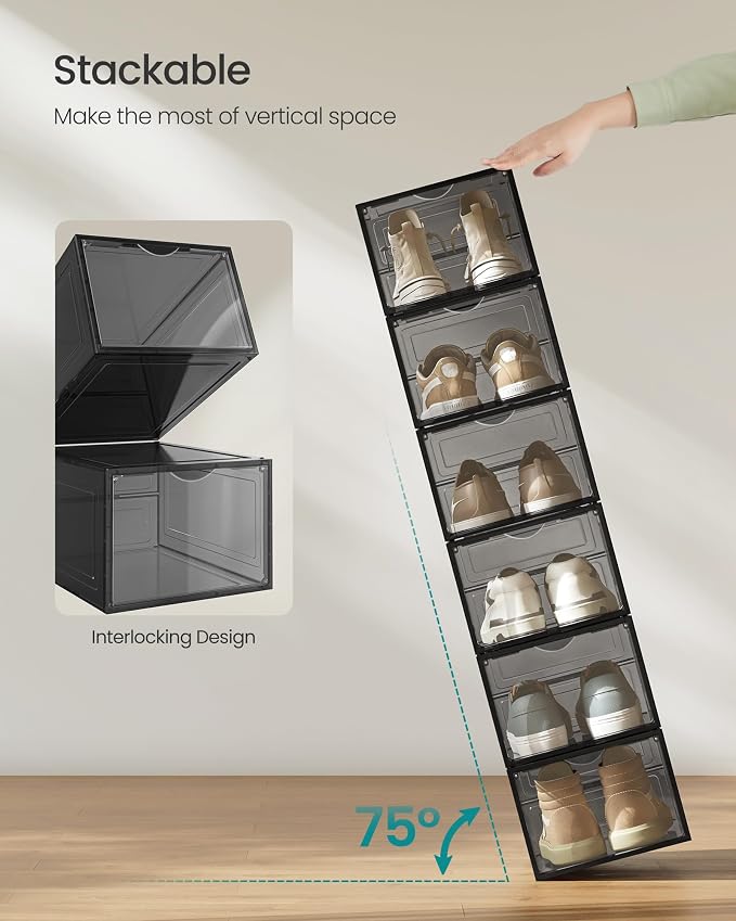SONGMICS Shoe Boxes, Set of 6, Clear Plastic Shoe Storage, Stackable Sneaker Box, Drop Front Door, Up to US Size 11, Easy Assembly, 13 x 9.8 x 7.1 Inches, Transparent Black ULSP406B01V1 - Image 3