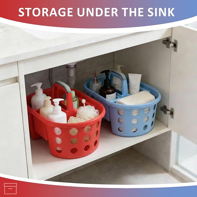 SIMPLYKLEEN Large Shower Caddy Portable 2PC - Made in USA Plastic Jumbo Size Dorm Storage Candy Tote with Handle Shower Organizer for Bathroom, Pantry, Kitchen, College Dorm, Red/Periwinkle - Image 7