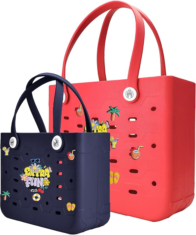 2-Pack Beach Bags Medium & Small,Waterproof Sandproof Rubber Tote Set for Women Men, Vacation Pool Boat Essentials by Unknown