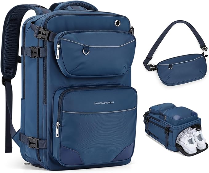 Maelstrom Travel Backpack for Men Women, 35L Carry on Backpack for Traveling on Airplane,with Belt Bag&Shoe Compartment,Waterproof Laptop Backpack fit 17”Laptop-Navy Blue, Large by Maelstrom