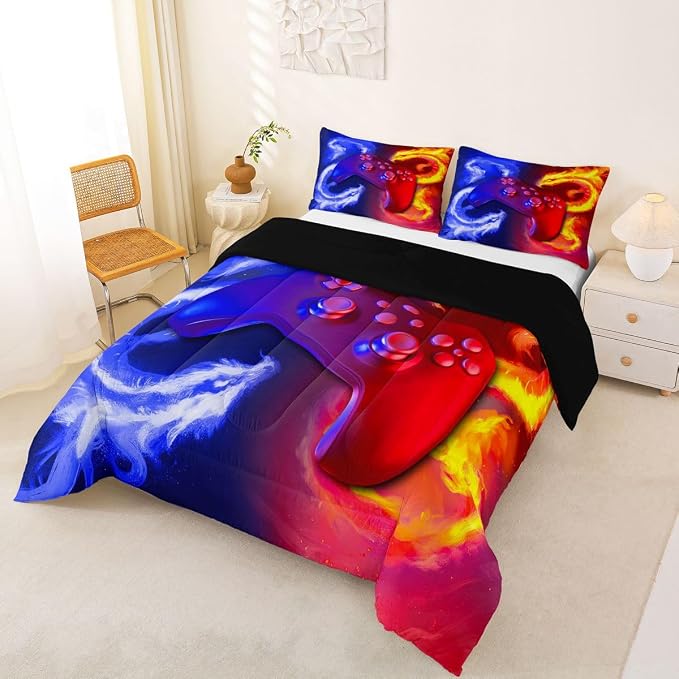 Ice Fire Dragon Comforter Set for Boys Teens Kids Gamer Games Room Decor Bedding Set Blue Red Gaming Gamepad Down Comforter ,Fairy Tale Animals Theme Room Decor 2Pcs Duvet Insert King Size,Soft - Image 2