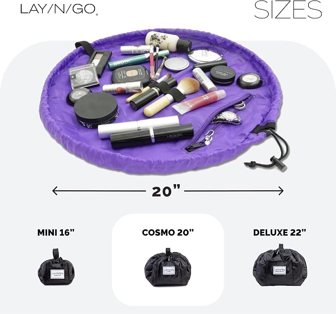 Lay-n-Go Cosmo Layflat Drawstring Cosmetic & Makeup Bag Organizer w/Zipper Pocket, Brush Loops & More, Cinch to Close, Lay Flat to Use, Durable, Machine Wash, Travel Toiletry Bag (20", Purple) - Image 5