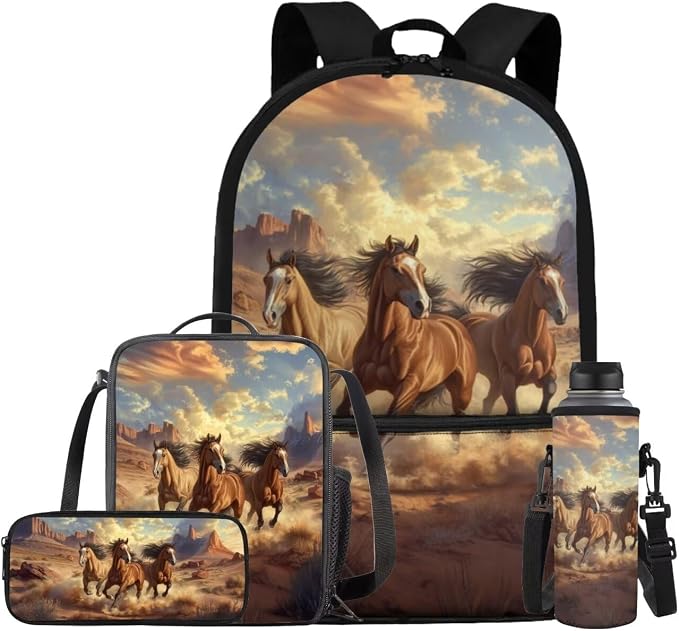 Brown Horse Girls Backpack with Lunch Box and Water Bottle Sleeve Kindergarten Bookbag Toddler School Bags Set Lightweight Fashion Casual Daypack for Beach Swim Work Gym by Bivxisrvo