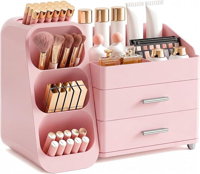Booklov Large Makeup Organizer for Vanity and Bathroom Countertop, Pink | Plastic Cosmetic Display Case with Drawers, Beauty Brush Holder for Dresser Counter Skin Care Eyeshadow Lipstick Storage by Booklov
