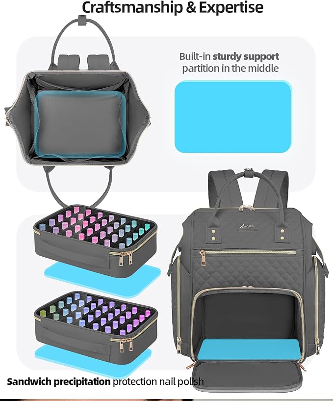 Large Nail Polish Organizer Bag Backpack Holds 70+ Bottles(15ml/0.5 fl.oz) UV Nail Lamp,Nail Organizers and Storage with 2 Removable Pouches Fits Nail Tool,Gift for Manicurist，Grey - Image 5