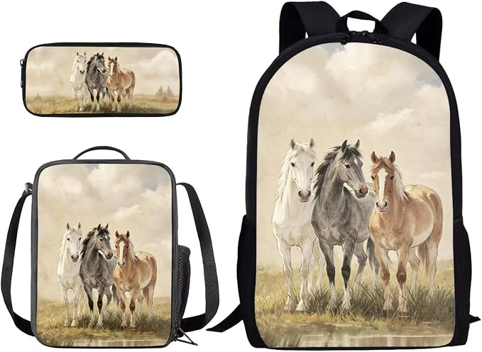 Horse Print Lightweight Backpack Set with Shoulder Lunch Bag, Pen Bag, Elementary School Students Daypack, Middle School Students Knapsack Set for Kids by PCSJRKG