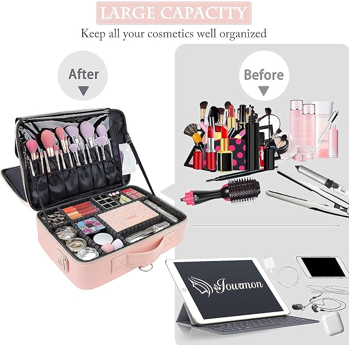 Travel Makeup Train Case,Large Capacity Cosmetic Bags for Women,Portable Makeup Bag Organizer with Adjustable Dividers & Shoulder Strap(Pink, L) - Image 5