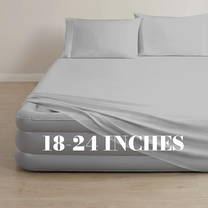 Mocassi 4-Piece Extra Deep Pocket 16-24 Inch Air Mattress Bed Sheet Set- 4PC Sheet Set with Smart Pockets Ideal for Air Beds, RVs, Camping and Guest Rooms Premium Hotel Quality, King, Silver Grey - Image 3