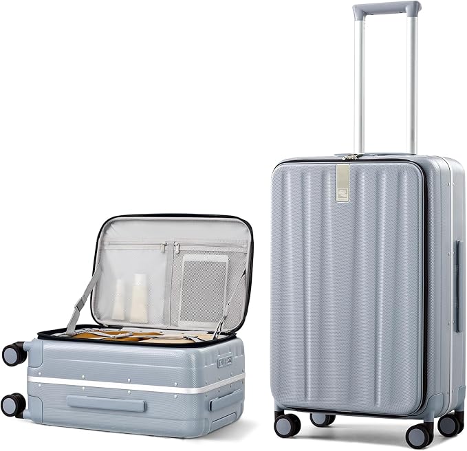 Hanke 24 Inch Checked Luggage Front Opening Rolling Suitcase Hard Sided Luggage with Spinner Wheels for Travel Woman Men.(Grey) by Hanke