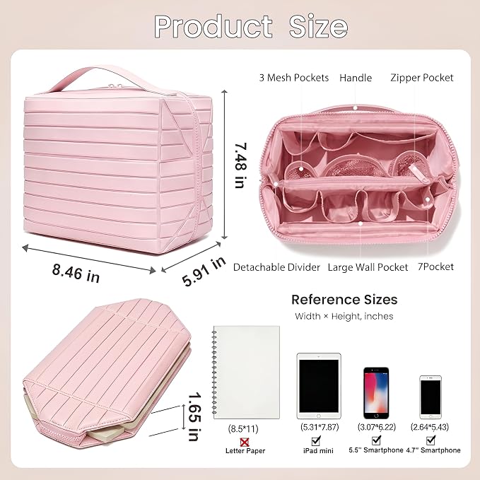 Fold Down Standing Makeup Bag – Large Travel Toiletry Organizer (Pink) | Parallel Design and Adjustable Dividers, Stands Upright or Folds Flat. Multiple Pockets Fit Full‑Size Cosmetics & Toiletries. - Image 7