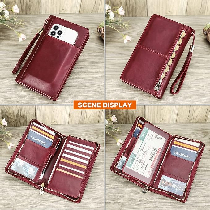 CONTACTS Full Grain Leather Family Passport Holder for 4 RFID Blocking Passport Wallet Large Capacity Wristlet Clutch Purse Red - Image 7