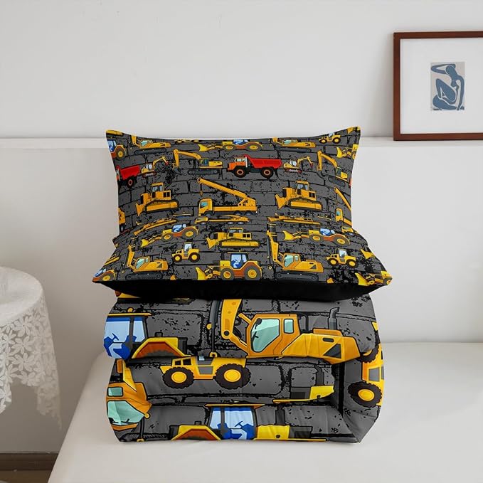 Erosebridal Excavator Comforter Set King,Tractor Construction Bedding Set for Kids Boys Teens Truck Room Decor,Cartoon Vehicle Car Bedding Comforter Construction Site Duvet Set Yellow Dark Grey 3 Pcs - Image 7