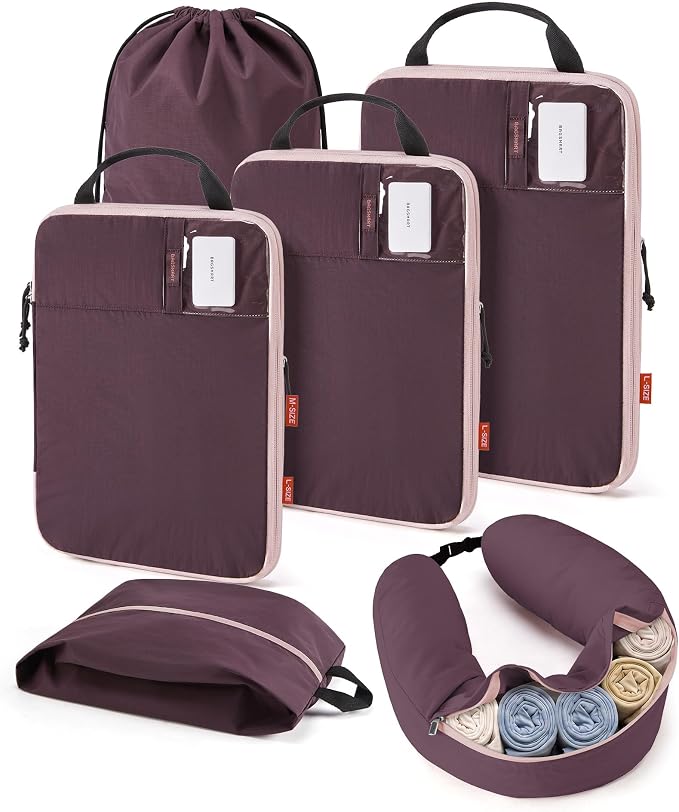 BAGSMART 6 Set Compression Packing Cubes Travel Essentials with Neck Pillow | Premium taslan organizer bags for budget airline carry-ons, luggage, suitcases, closets, cruises by BAGSMART