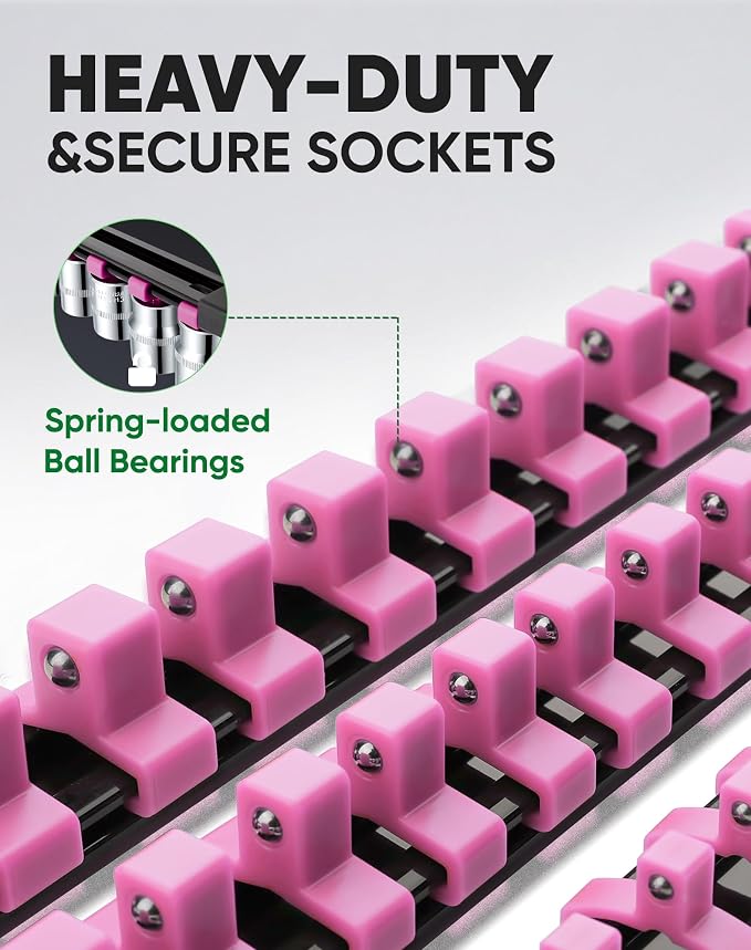 ALOANES 9PC Socket Organizer, Socket Rails Fit 1/2", 1/4" and 3/8" Drive | Heavy Duty ABS Socket Holders Hold up 129 Sockets for Toolbox Drawer Bags(Pink) - Image 3
